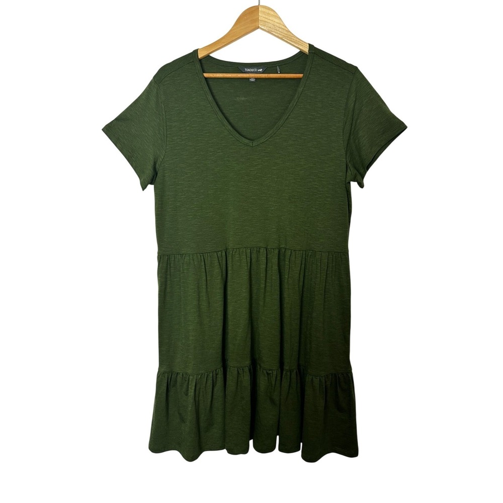 Toad&Co Marley Dress Womens XL Dark Green Tiered Knit Midi V-Neck Short Sleeve